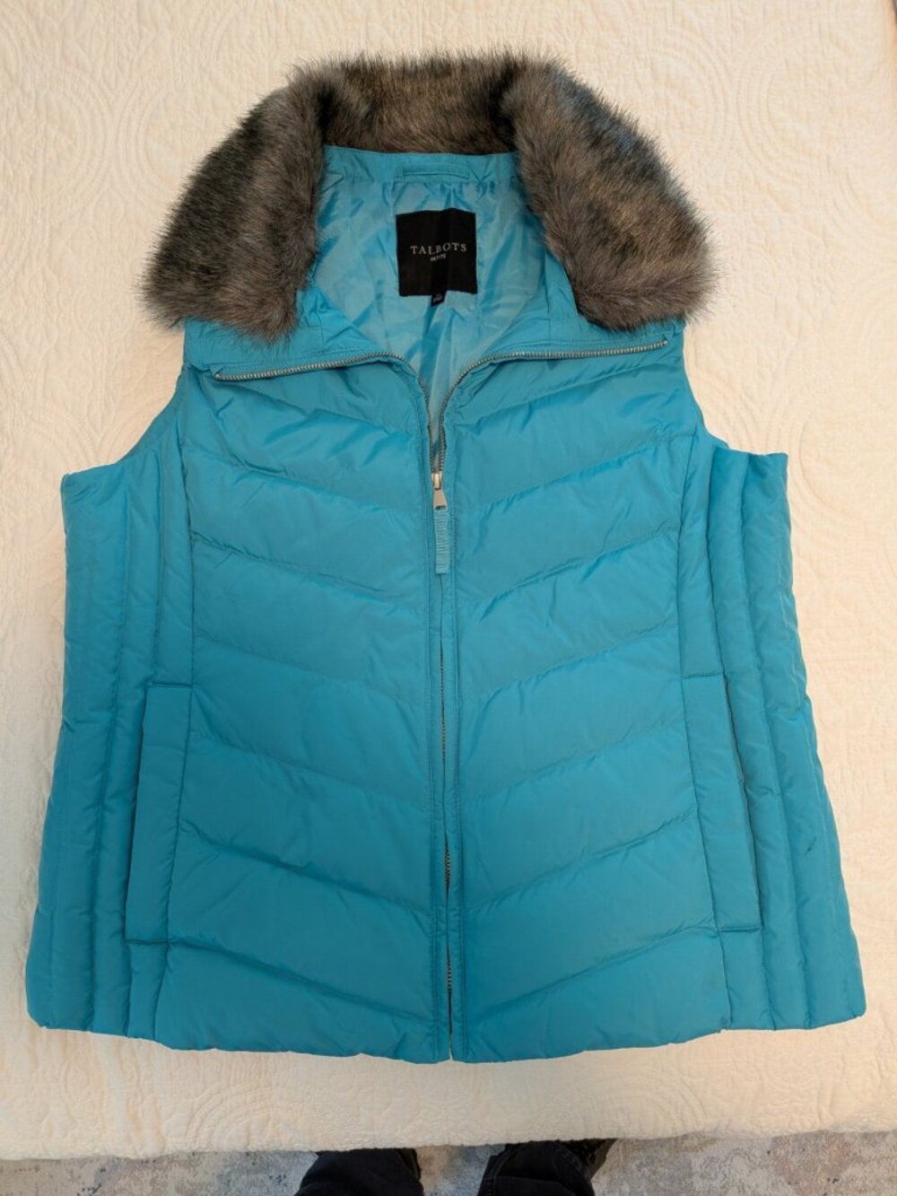 Talbots Petite Turquoise Down Puffer Vest Faux Fur Trim LP